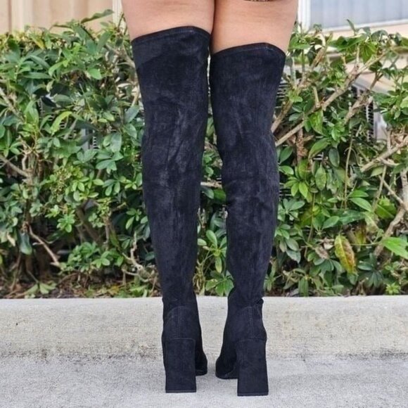 Women's Black Over The Knee pointed Chunky Block Heel Boots - Picture 3 of 6